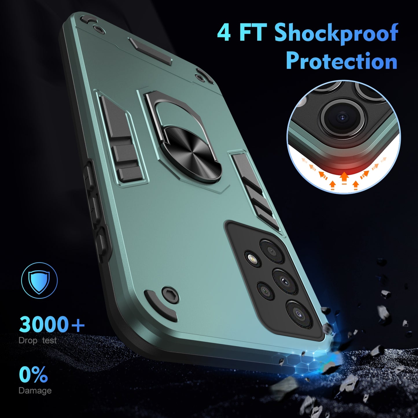 Samsung Galaxy A13 Shockproof Metal Ring Holder Phone Case with 360 degrees Rotating Kickstand, Ultra Slim Protective Cover, Raised Camera Guard, PC Silicone Armour Shell, Anti-Scratch Back & Edge Protection