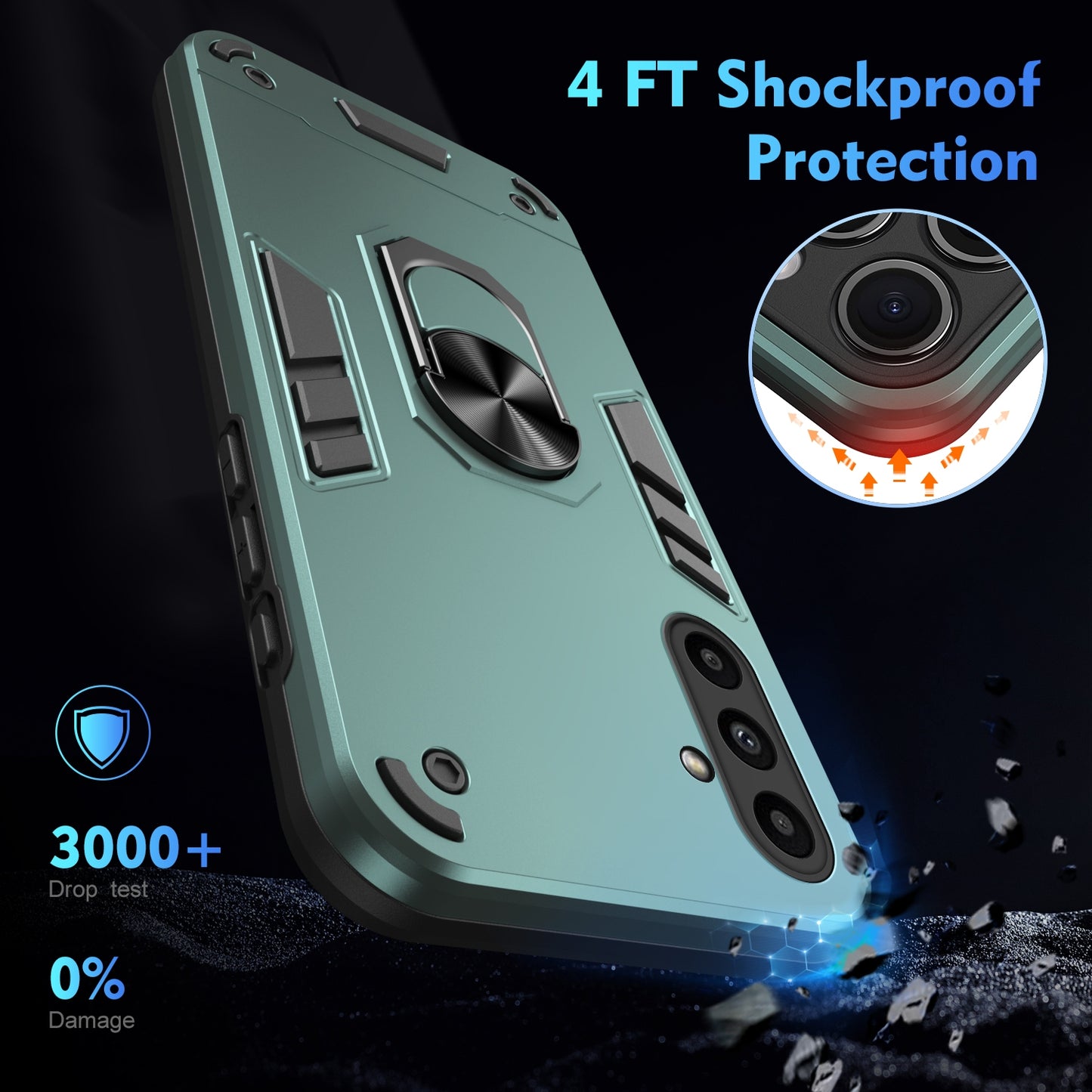 Samsung Galaxy A14 Shockproof Metal Ring Holder Phone Case with 360 degrees Rotating Kickstand, Ultra Slim Protective Cover, Raised Camera Guard, PC Silicone Armour Shell, Anti-Scratch Back & Edge Protection