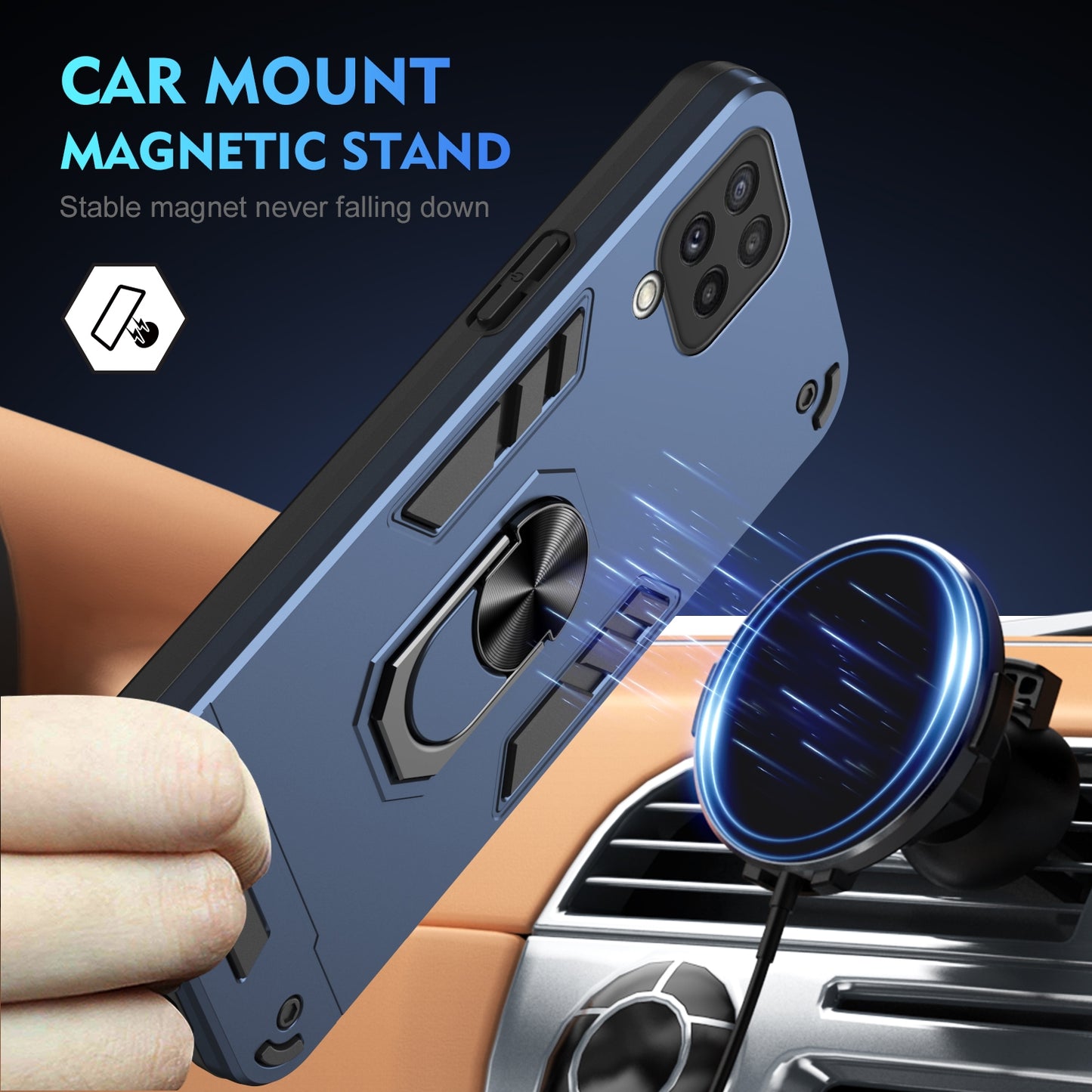 Samsung Galaxy A22 4G Shockproof Metal Ring Holder Phone Case with 360 degrees Rotating Kickstand, Ultra Slim Protective Cover, Raised Camera Guard, PC Silicone Armour Shell, Anti-Scratch Back & Edge Protection