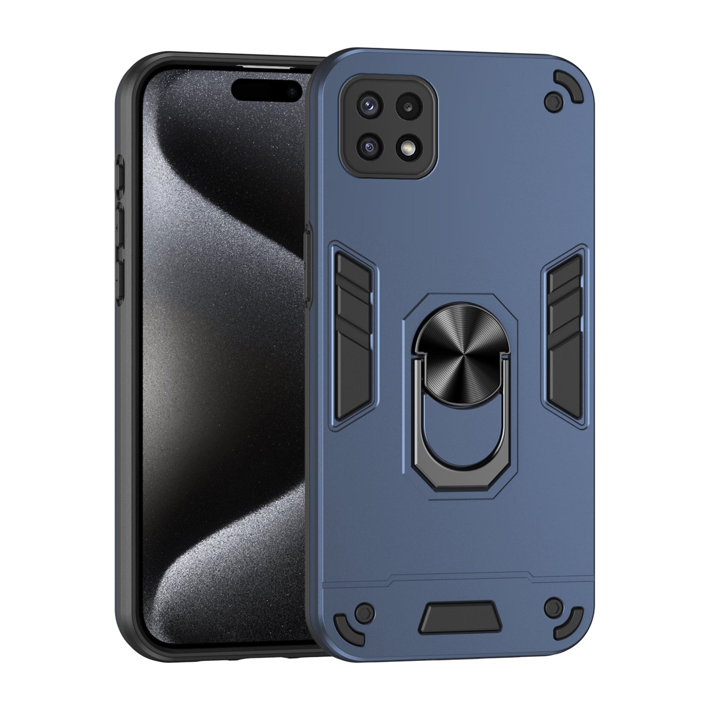 Samsung Galaxy A22 5G Shockproof Metal Ring Holder Phone Case with 360 degrees Rotating Kickstand, Ultra Slim Protective Cover, Raised Camera Guard, PC Silicone Armour Shell, Anti-Scratch Back & Edge Protection