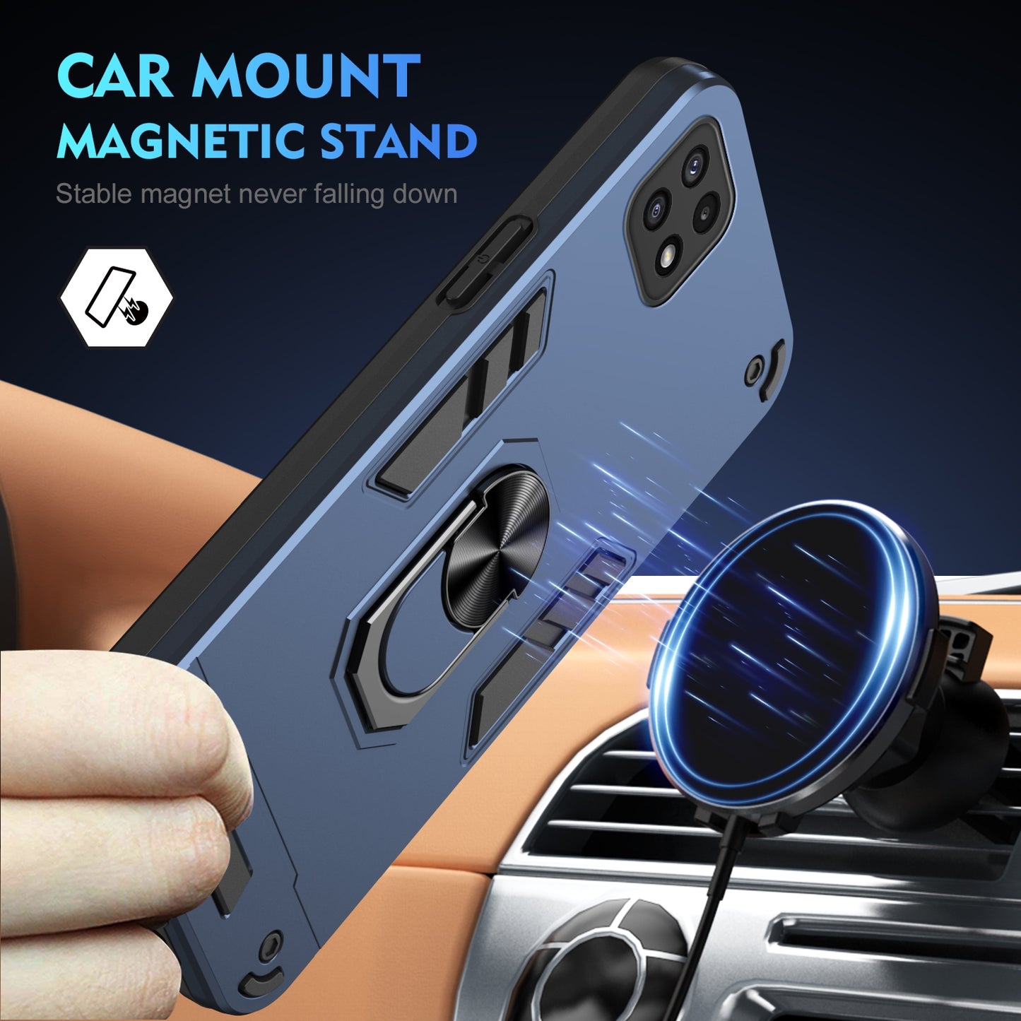 Samsung Galaxy A22 5G Shockproof Metal Ring Holder Phone Case with 360 degrees Rotating Kickstand, Ultra Slim Protective Cover, Raised Camera Guard, PC Silicone Armour Shell, Anti-Scratch Back & Edge Protection
