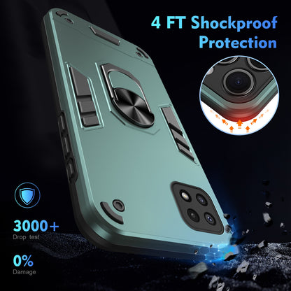 Samsung Galaxy A22 5G Shockproof Metal Ring Holder Phone Case with 360 degrees Rotating Kickstand, Ultra Slim Protective Cover, Raised Camera Guard, PC Silicone Armour Shell, Anti-Scratch Back & Edge Protection
