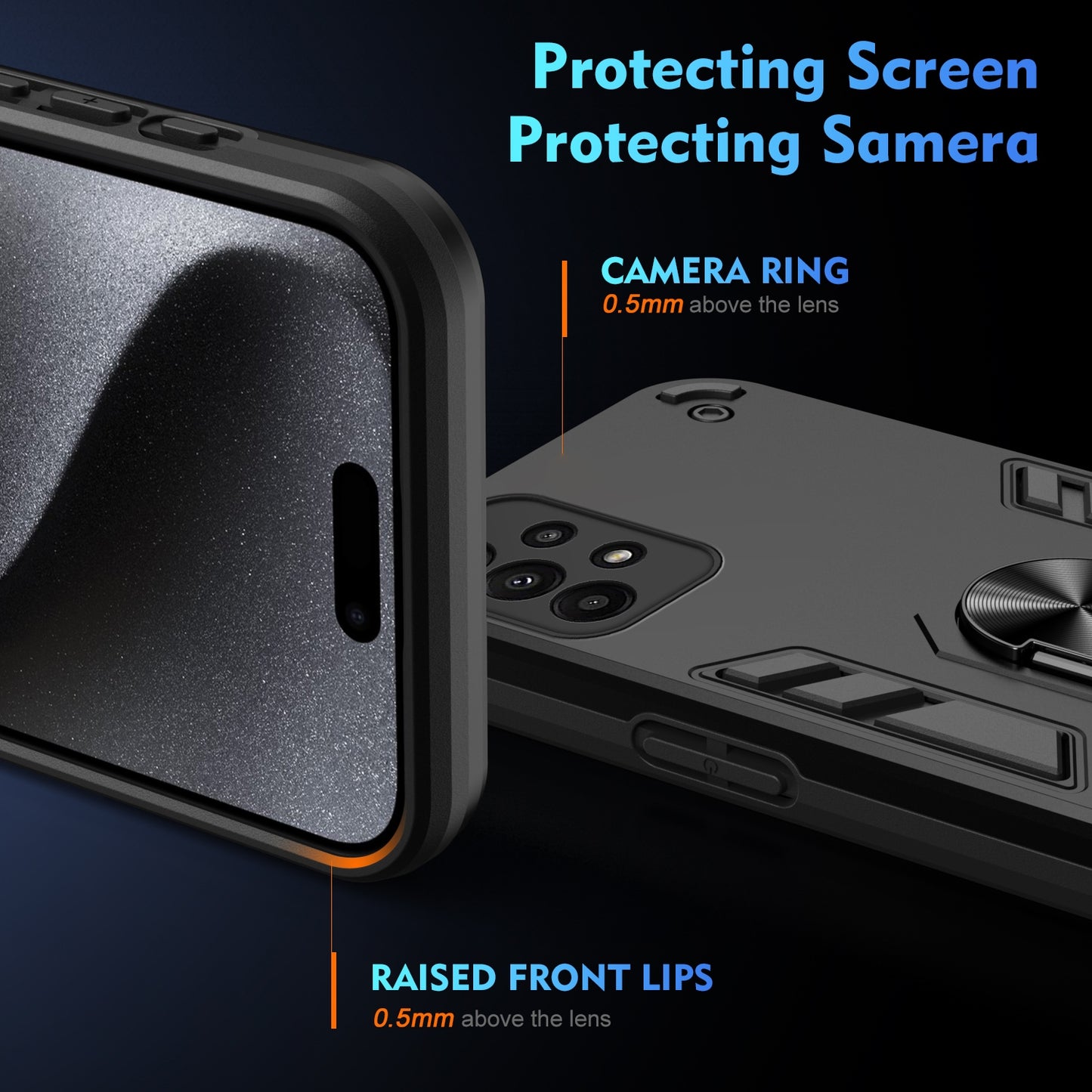 Samsung Galaxy A23 Shockproof Metal Ring Holder Phone Case with 360 degrees Rotating Kickstand, Ultra Slim Protective Cover, Raised Camera Guard, PC Silicone Armour Shell, Anti-Scratch Back & Edge Protection