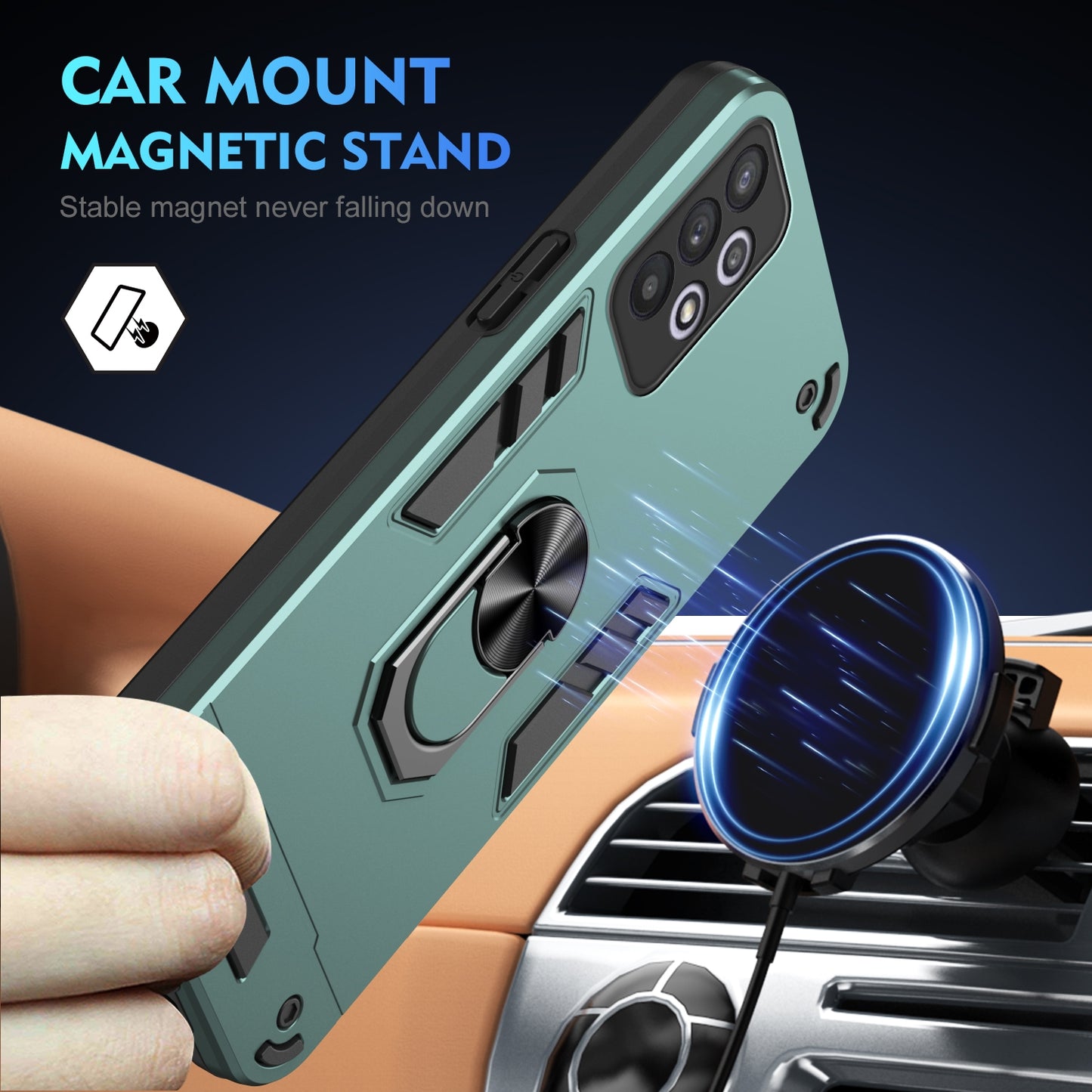 Samsung Galaxy A32 Shockproof Metal Ring Holder Phone Case with 360 degrees Rotating Kickstand, Ultra Slim Protective Cover, Raised Camera Guard, PC Silicone Armour Shell, Anti-Scratch Back & Edge Protection