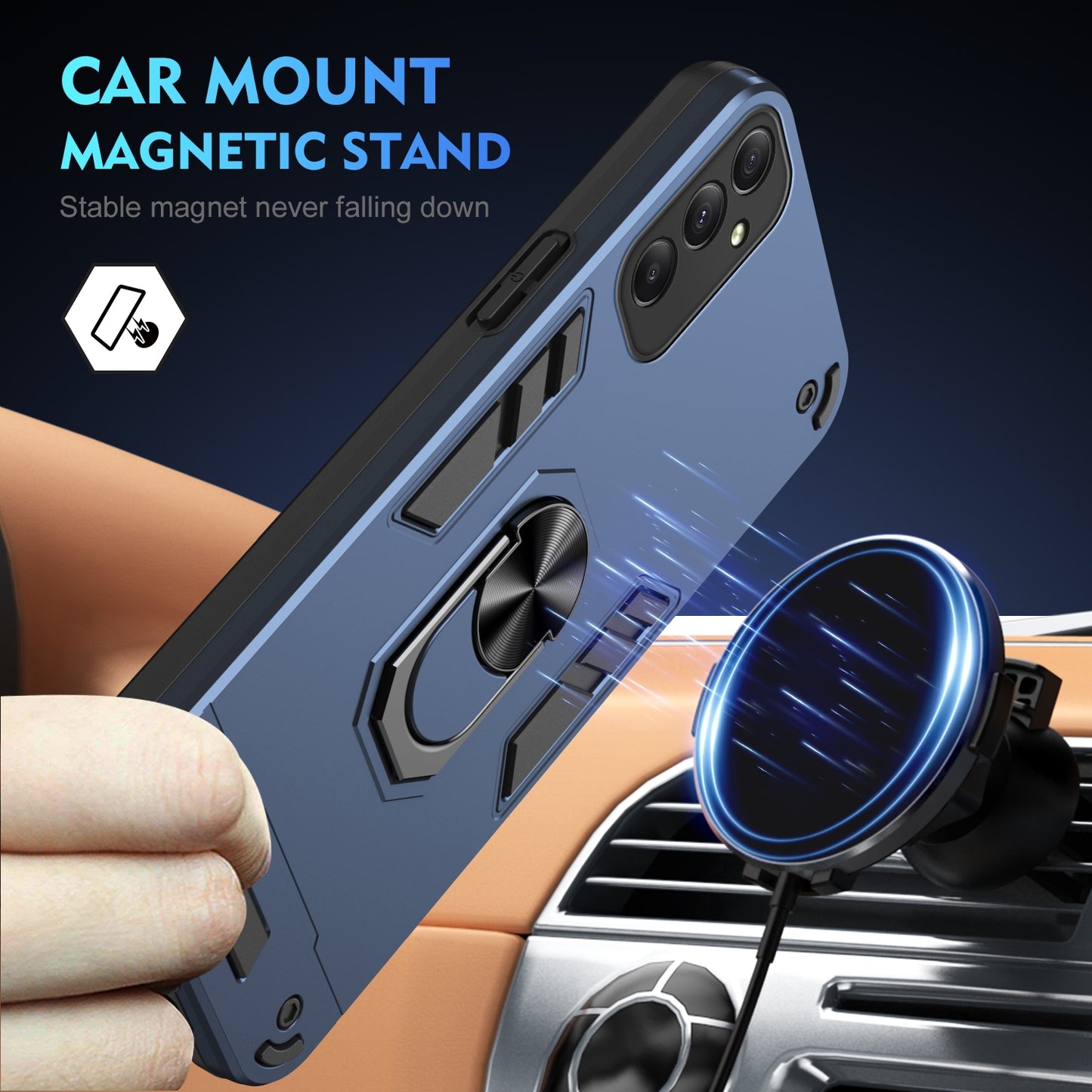 Samsung Galaxy A34 5G Shockproof Metal Ring Holder Phone Case with 360 degrees Rotating Kickstand, Ultra Slim Protective Cover, Raised Camera Guard, PC Silicone Armour Shell, Anti-Scratch Back & Edge Protection