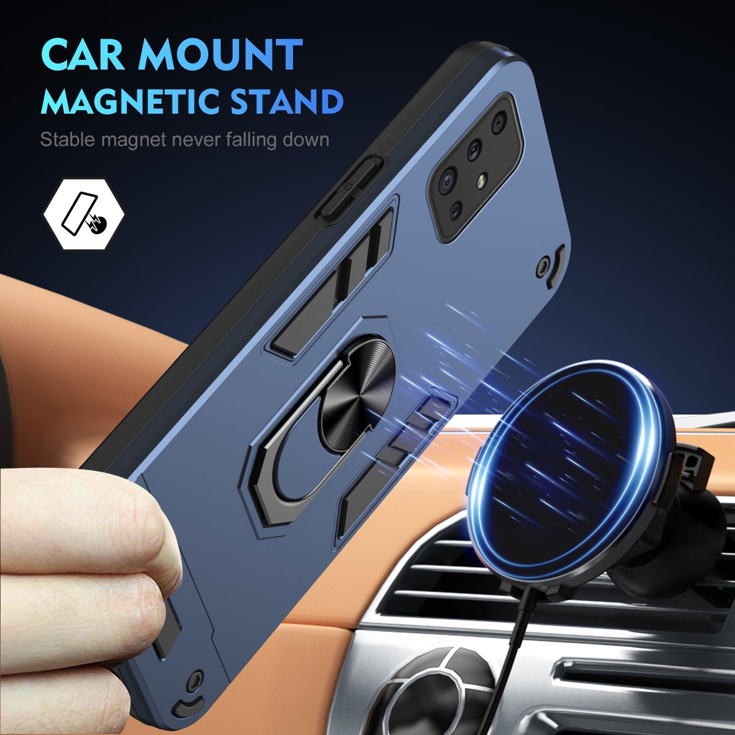 Samsung Galaxy A51 4G Shockproof Metal Ring Holder Phone Case with 360 degrees Rotating Kickstand, Ultra Slim Protective Cover, Raised Camera Guard, PC Silicone Armour Shell, Anti-Scratch Back & Edge Protection