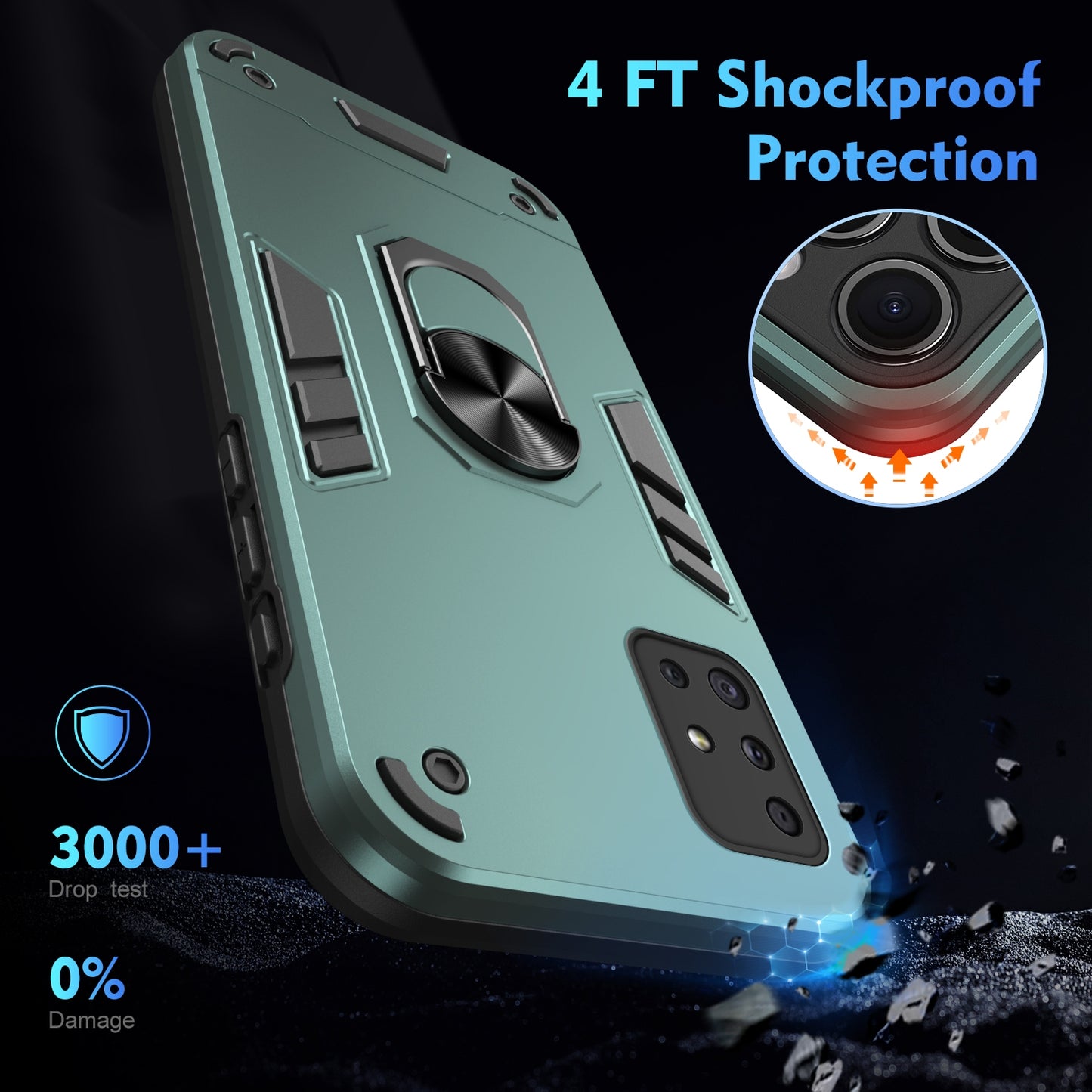 Samsung Galaxy A51 4G Shockproof Metal Ring Holder Phone Case with 360 degrees Rotating Kickstand, Ultra Slim Protective Cover, Raised Camera Guard, PC Silicone Armour Shell, Anti-Scratch Back & Edge Protection