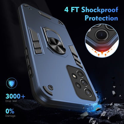 Samsung Galaxy A52 5G Shockproof Metal Ring Holder Phone Case with 360 degrees Rotating Kickstand, Ultra Slim Protective Cover, Raised Camera Guard, PC Silicone Armour Shell, Anti-Scratch Back & Edge Protection
