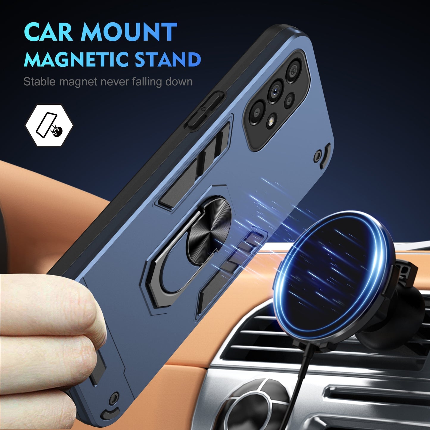 Samsung Galaxy A53 5G Shockproof Metal Ring Holder Phone Case with 360 degrees Rotating Kickstand, Ultra Slim Protective Cover, Raised Camera Guard, PC Silicone Armour Shell, Anti-Scratch Back & Edge Protection