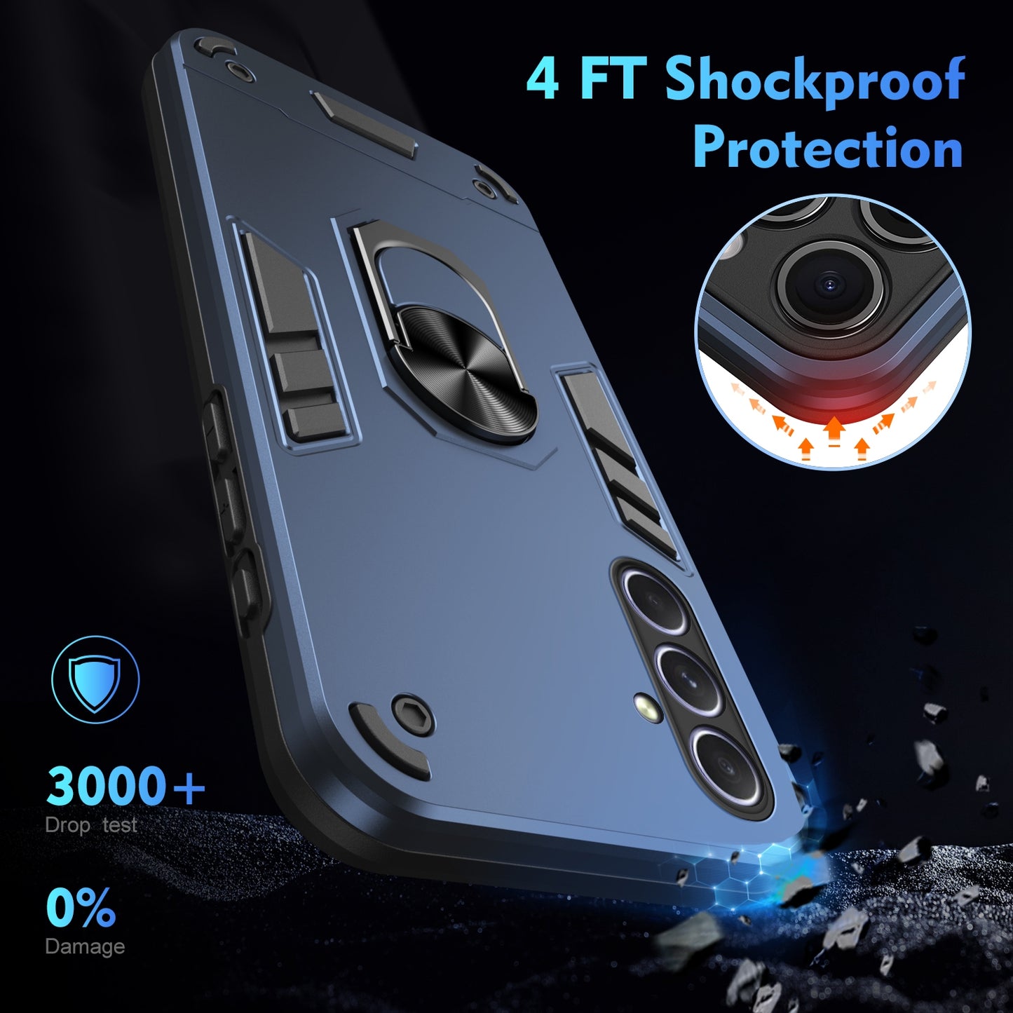Samsung Galaxy A55 Shockproof Metal Ring Holder Phone Case with 360 degrees Rotating Kickstand, Ultra Slim Protective Cover, Raised Camera Guard, PC Silicone Armour Shell, Anti-Scratch Back & Edge Protection