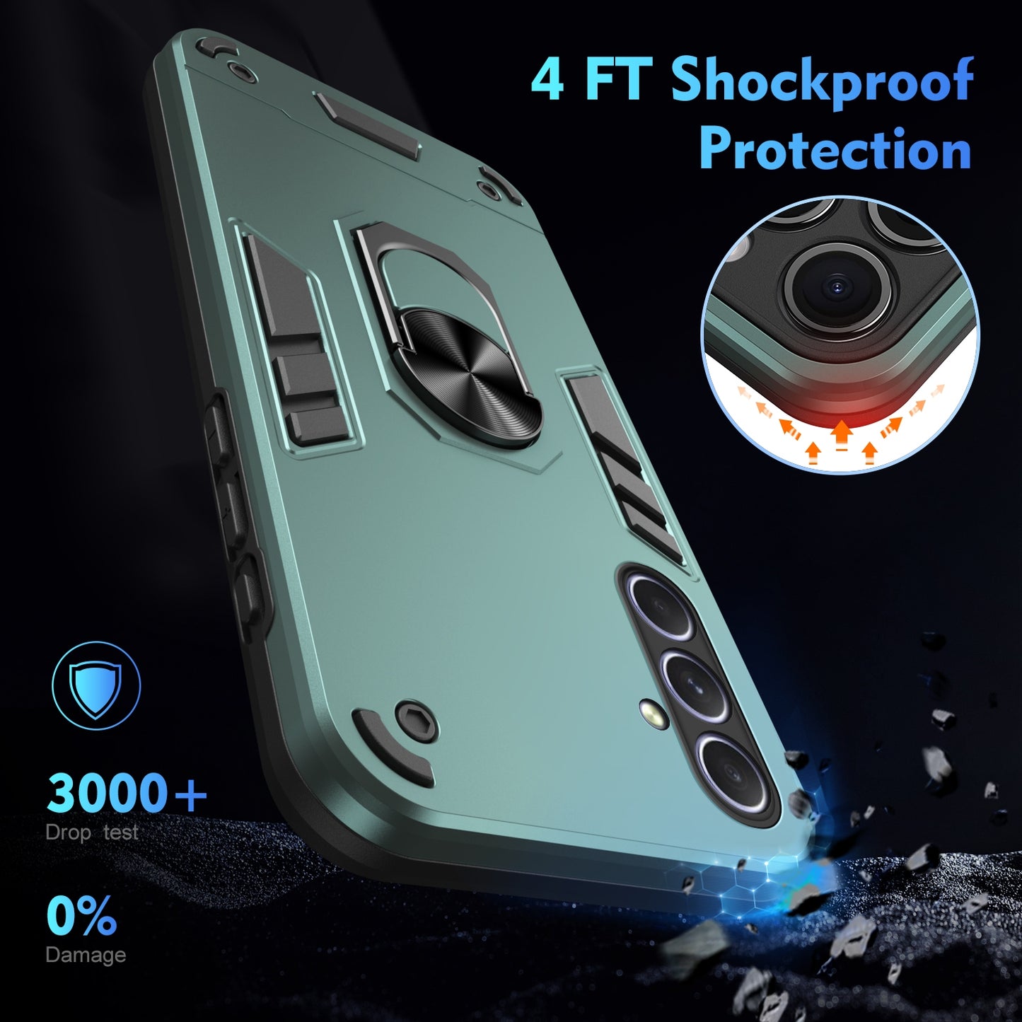 Samsung Galaxy A55 Shockproof Metal Ring Holder Phone Case with 360 degrees Rotating Kickstand, Ultra Slim Protective Cover, Raised Camera Guard, PC Silicone Armour Shell, Anti-Scratch Back & Edge Protection