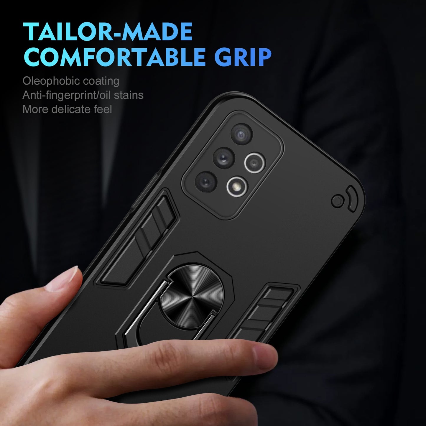 Samsung Galaxy A72 5G Shockproof Metal Ring Holder Phone Case with 360 degrees Rotating Kickstand, Ultra Slim Protective Cover, Raised Camera Guard, PC Silicone Armour Shell, Anti-Scratch Back & Edge Protection