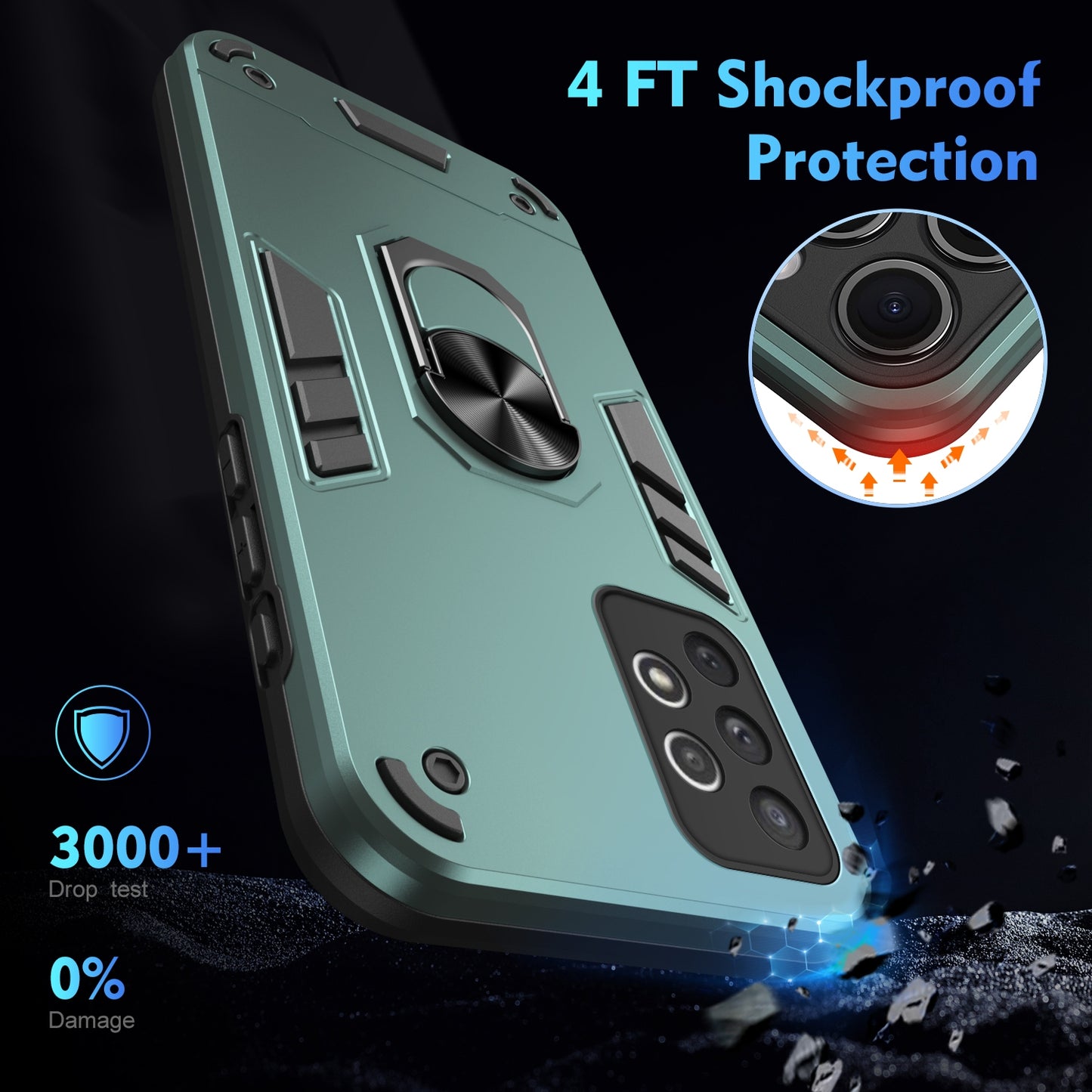 Samsung Galaxy A72 5G Shockproof Metal Ring Holder Phone Case with 360 degrees Rotating Kickstand, Ultra Slim Protective Cover, Raised Camera Guard, PC Silicone Armour Shell, Anti-Scratch Back & Edge Protection