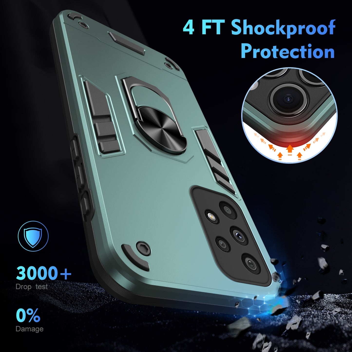 Samsung Galaxy A73 5G Shockproof Metal Ring Holder Phone Case with 360 degrees Rotating Kickstand, Ultra Slim Protective Cover, Raised Camera Guard, PC Silicone Armour Shell, Anti-Scratch Back & Edge Protection