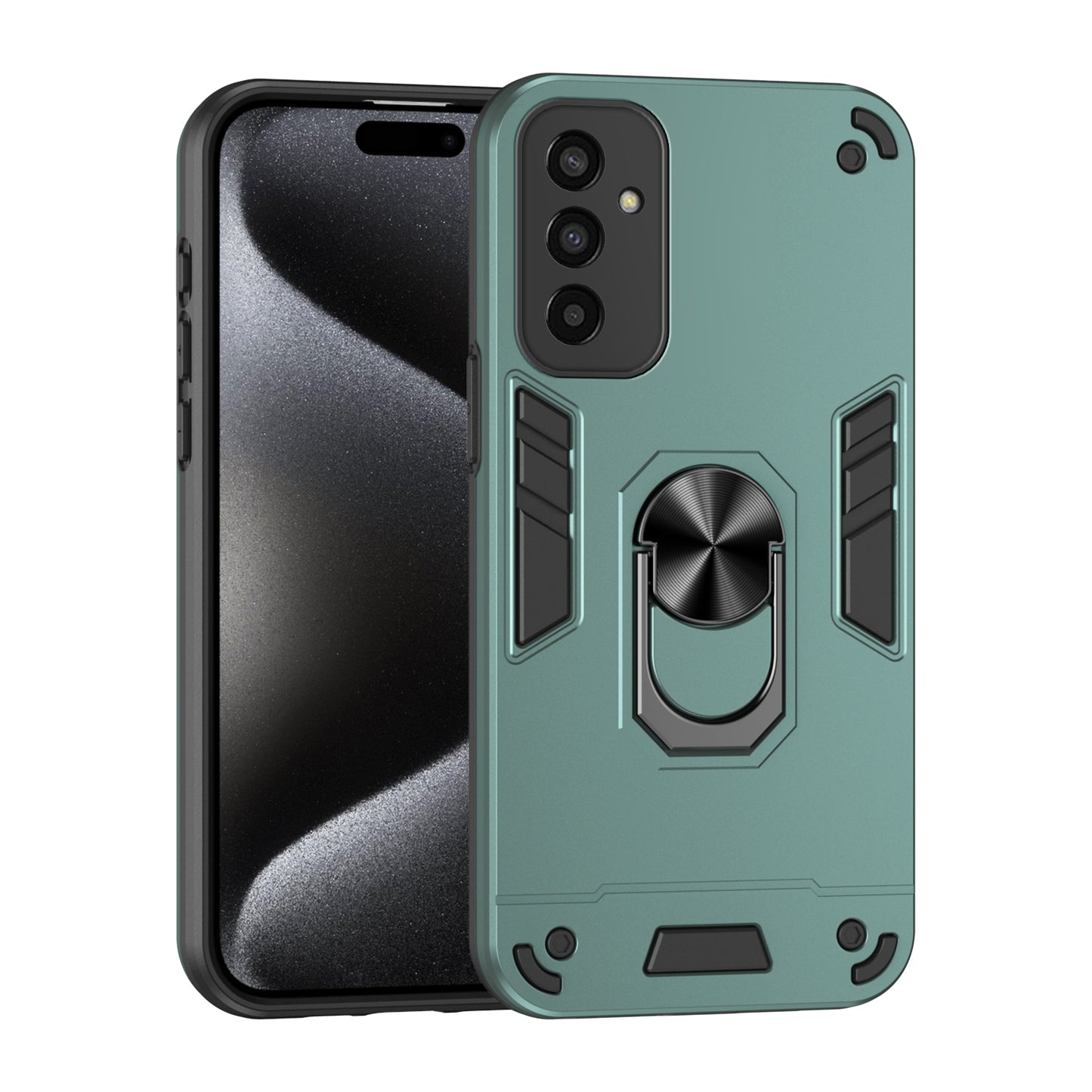 Samsung Galaxy M13 Shockproof Metal Ring Holder Phone Case with 360 degrees Rotating Kickstand, Ultra Slim Protective Cover, Raised Camera Guard, PC Silicone Armour Shell, Anti-Scratch Back & Edge Protection