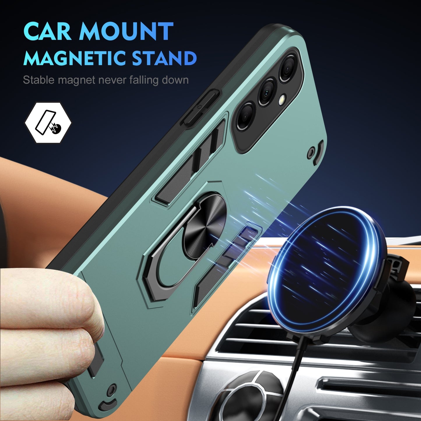 Samsung Galaxy M14 Shockproof Metal Ring Holder Phone Case with 360 degrees Rotating Kickstand, Ultra Slim Protective Cover, Raised Camera Guard, PC Silicone Armour Shell, Anti-Scratch Back & Edge Protection