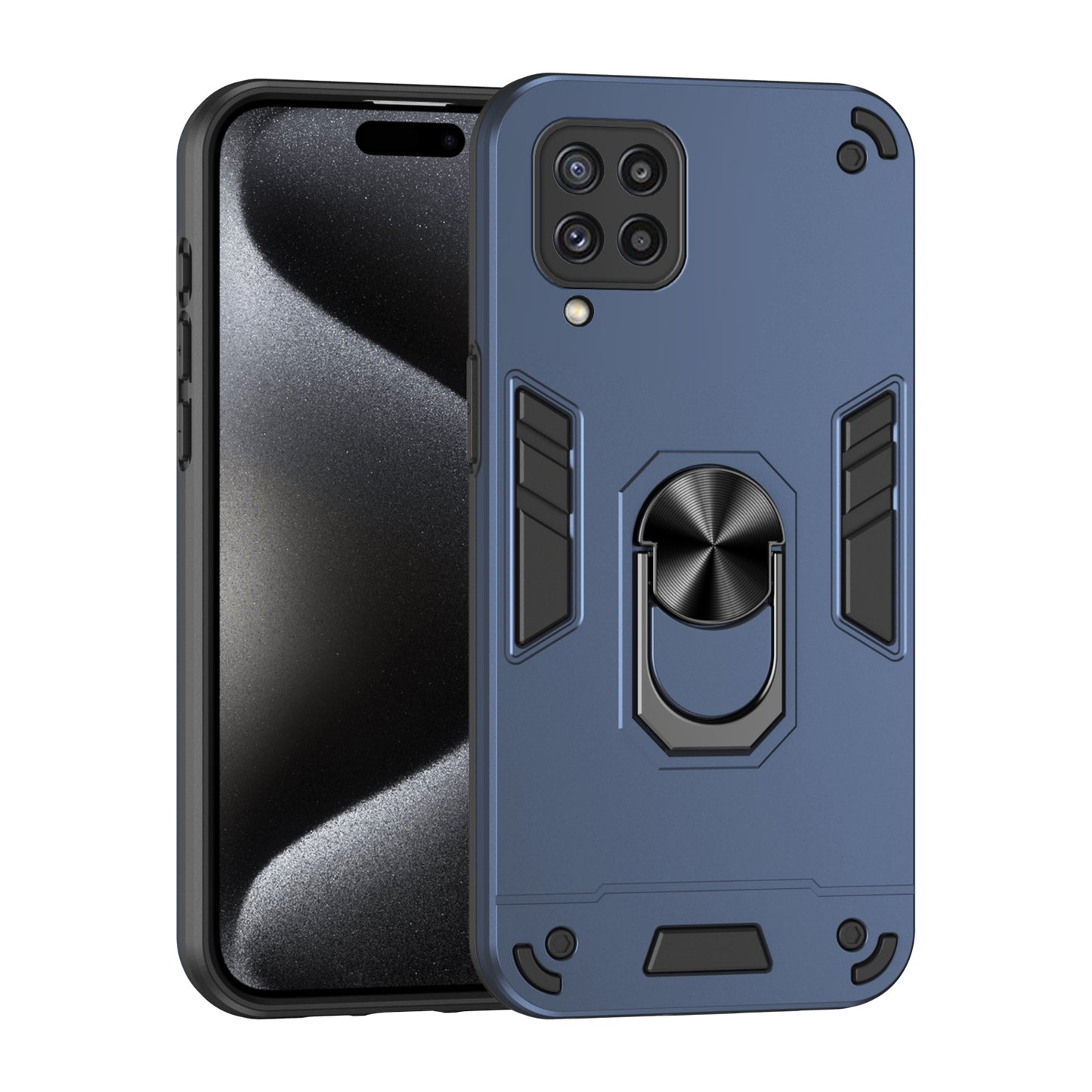 Samsung Galaxy M32 Shockproof Metal Ring Holder Phone Case with 360 degrees Rotating Kickstand, Ultra Slim Protective Cover, Raised Camera Guard, PC Silicone Armour Shell, Anti-Scratch Back & Edge Protection