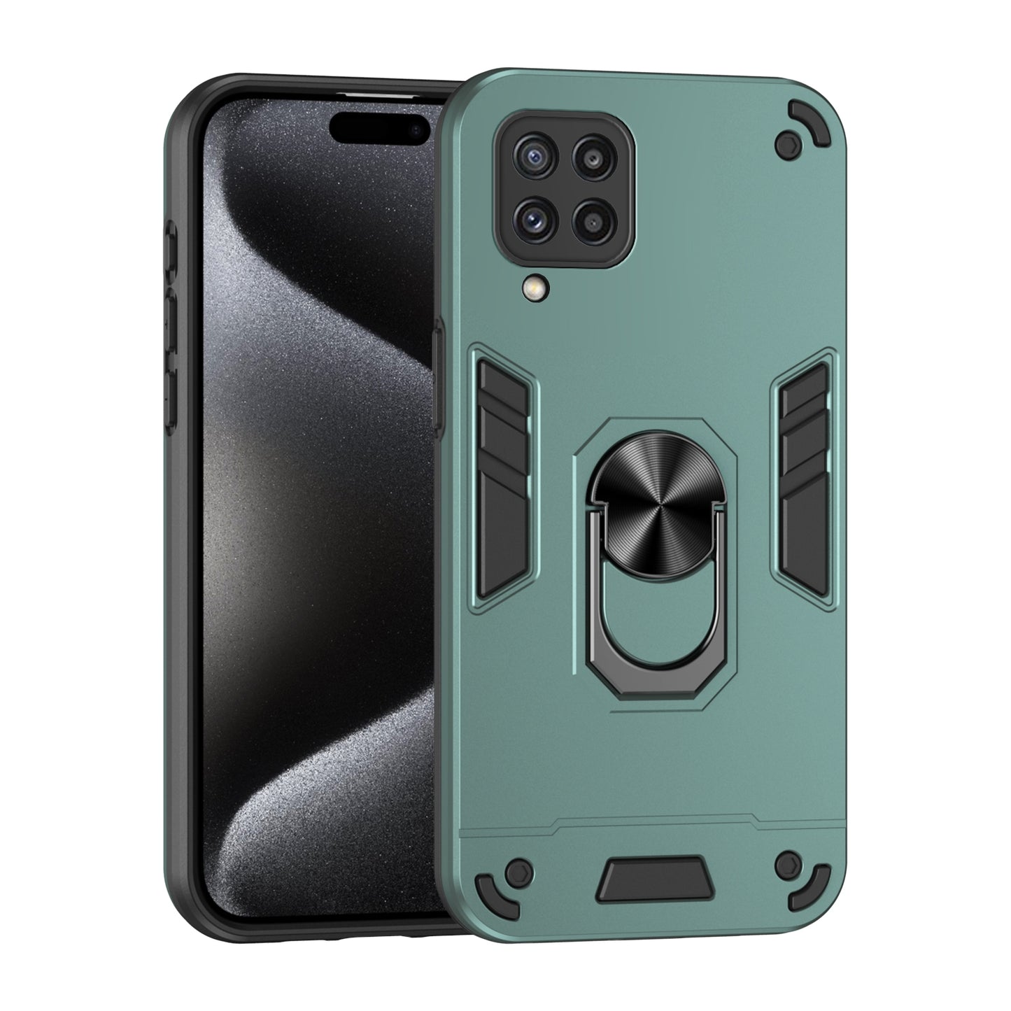 Samsung Galaxy M32 Shockproof Metal Ring Holder Phone Case with 360 degrees Rotating Kickstand, Ultra Slim Protective Cover, Raised Camera Guard, PC Silicone Armour Shell, Anti-Scratch Back & Edge Protection