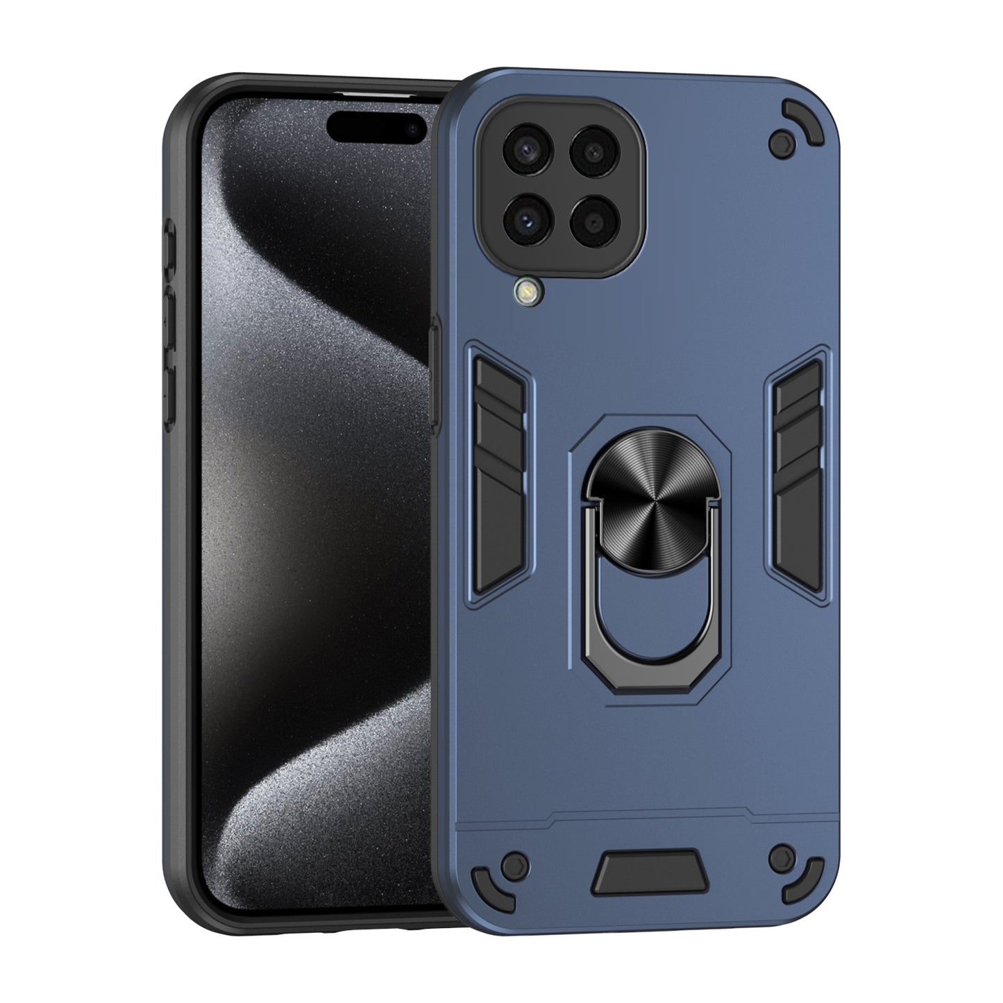 Samsung Galaxy M33 5G Shockproof Metal Ring Holder Phone Case with 360 degrees Rotating Kickstand, Ultra Slim Protective Cover, Raised Camera Guard, PC Silicone Armour Shell, Anti-Scratch Back & Edge Protection