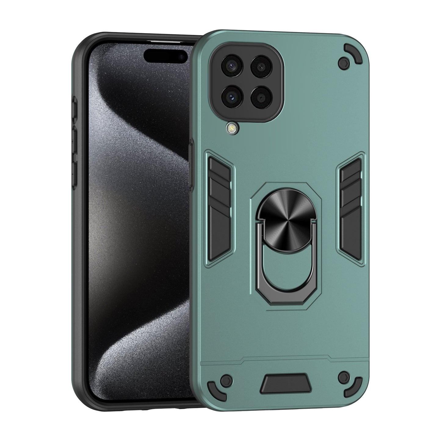 Samsung Galaxy M33 5G Shockproof Metal Ring Holder Phone Case with 360 degrees Rotating Kickstand, Ultra Slim Protective Cover, Raised Camera Guard, PC Silicone Armour Shell, Anti-Scratch Back & Edge Protection