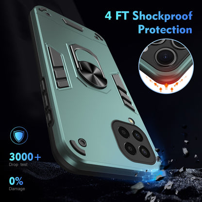 Samsung Galaxy M33 5G Shockproof Metal Ring Holder Phone Case with 360 degrees Rotating Kickstand, Ultra Slim Protective Cover, Raised Camera Guard, PC Silicone Armour Shell, Anti-Scratch Back & Edge Protection