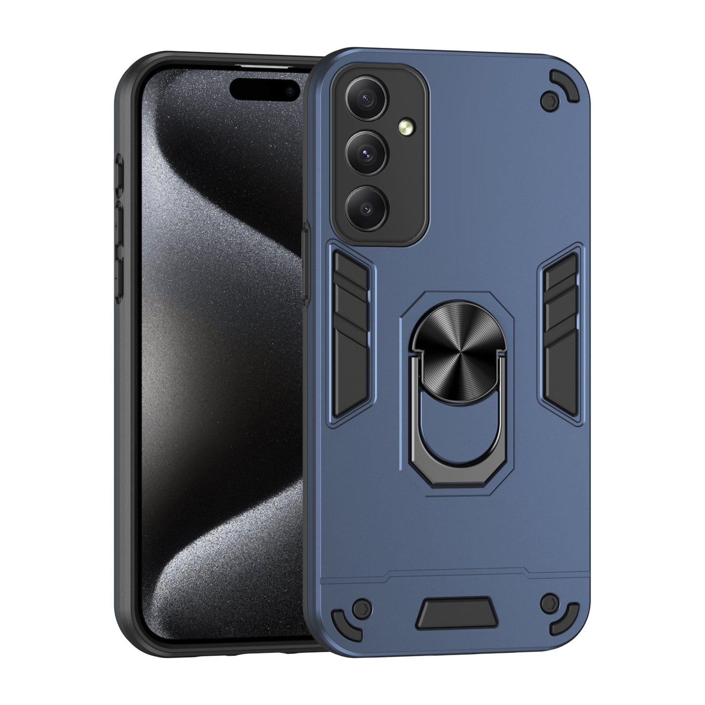 Samsung Galaxy M34 5G Shockproof Metal Ring Holder Phone Case with 360 degrees Rotating Kickstand, Ultra Slim Protective Cover, Raised Camera Guard, PC Silicone Armour Shell, Anti-Scratch Back & Edge Protection