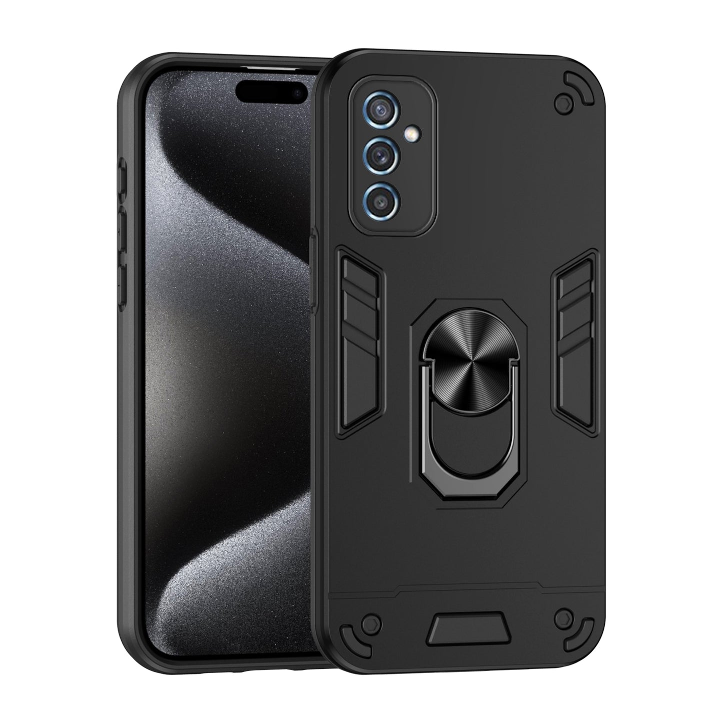Samsung Galaxy M52 5G Shockproof Metal Ring Holder Phone Case with 360 degrees Rotating Kickstand, Ultra Slim Protective Cover, Raised Camera Guard, PC Silicone Armour Shell, Anti-Scratch Back & Edge Protection