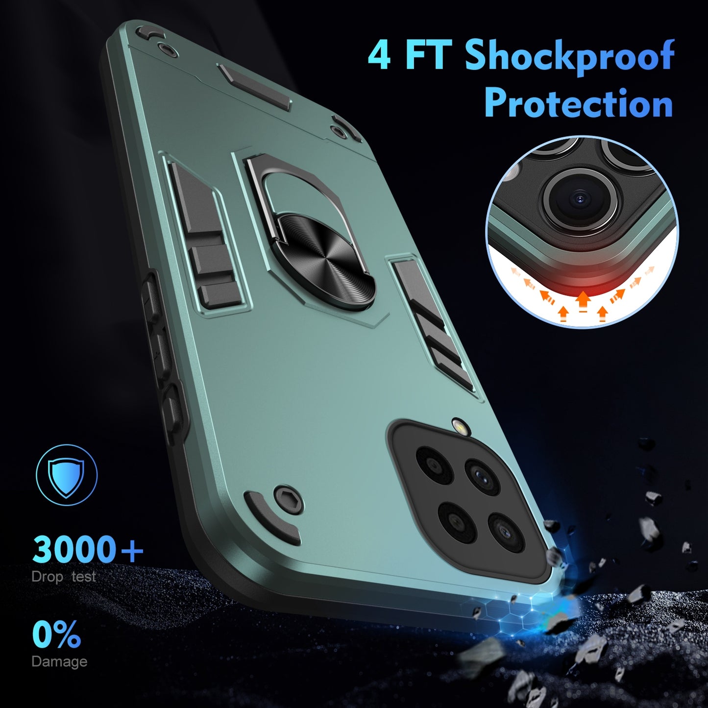 Samsung Galaxy M53 5G Shockproof Metal Ring Holder Phone Case with 360 degrees Rotating Kickstand, Ultra Slim Protective Cover, Raised Camera Guard, PC Silicone Armour Shell, Anti-Scratch Back & Edge Protection
