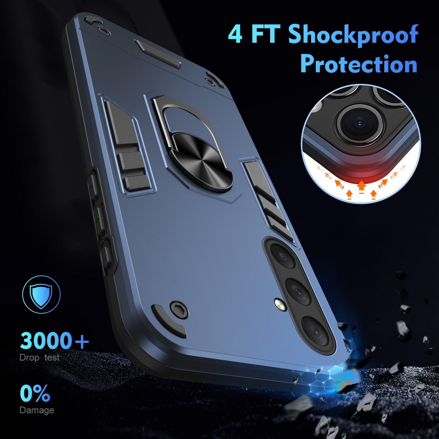 Samsung Galaxy M54 Shockproof Metal Ring Holder Phone Case with 360 degrees Rotating Kickstand, Ultra Slim Protective Cover, Raised Camera Guard, PC Silicone Armour Shell, Anti-Scratch Back & Edge Protection