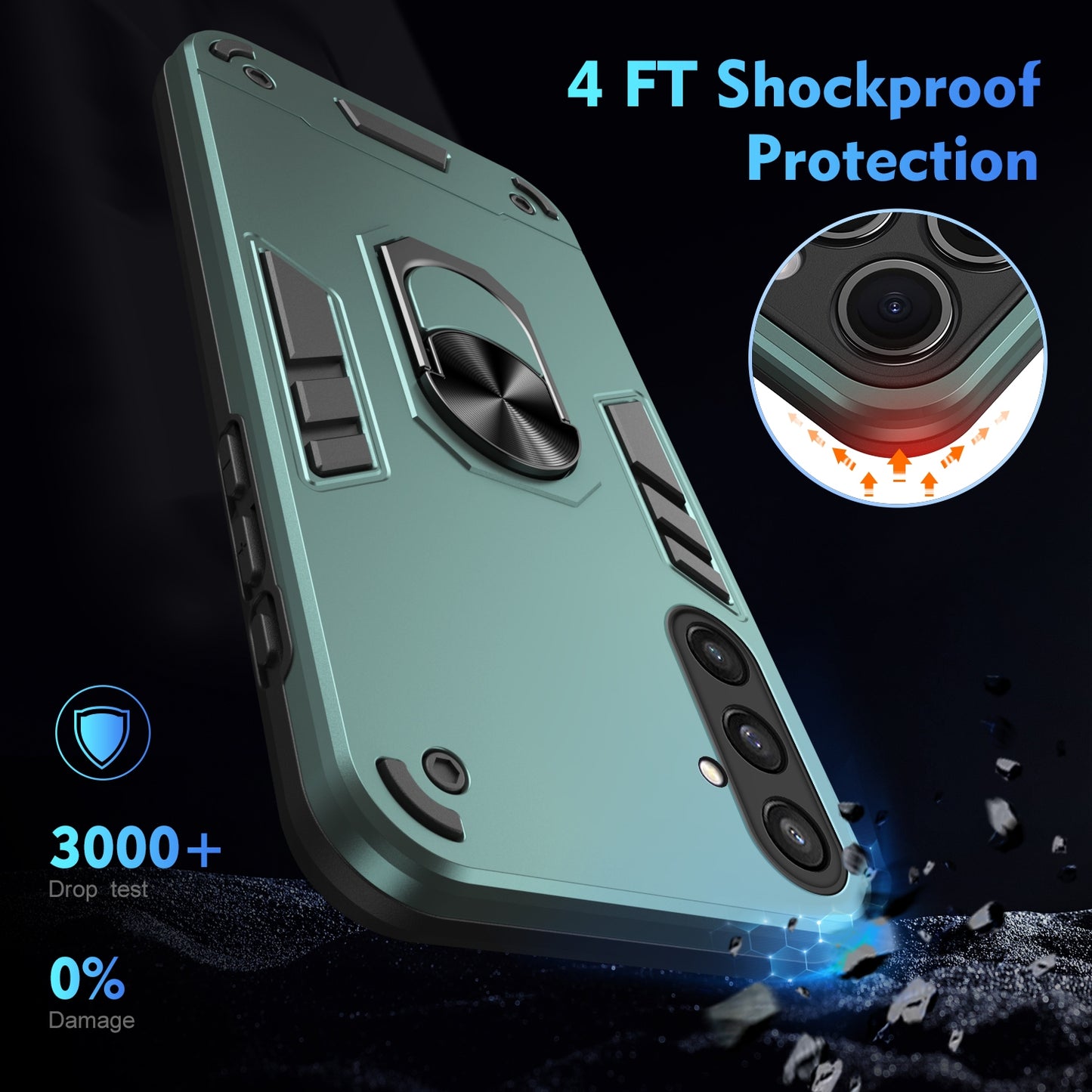 Samsung Galaxy S23 FE 5G Shockproof Metal Ring Holder Phone Case with 360 degrees Rotating Kickstand, Ultra Slim Protective Cover, Raised Camera Guard, PC Silicone Armour Shell, Anti-Scratch Back & Edge Protection