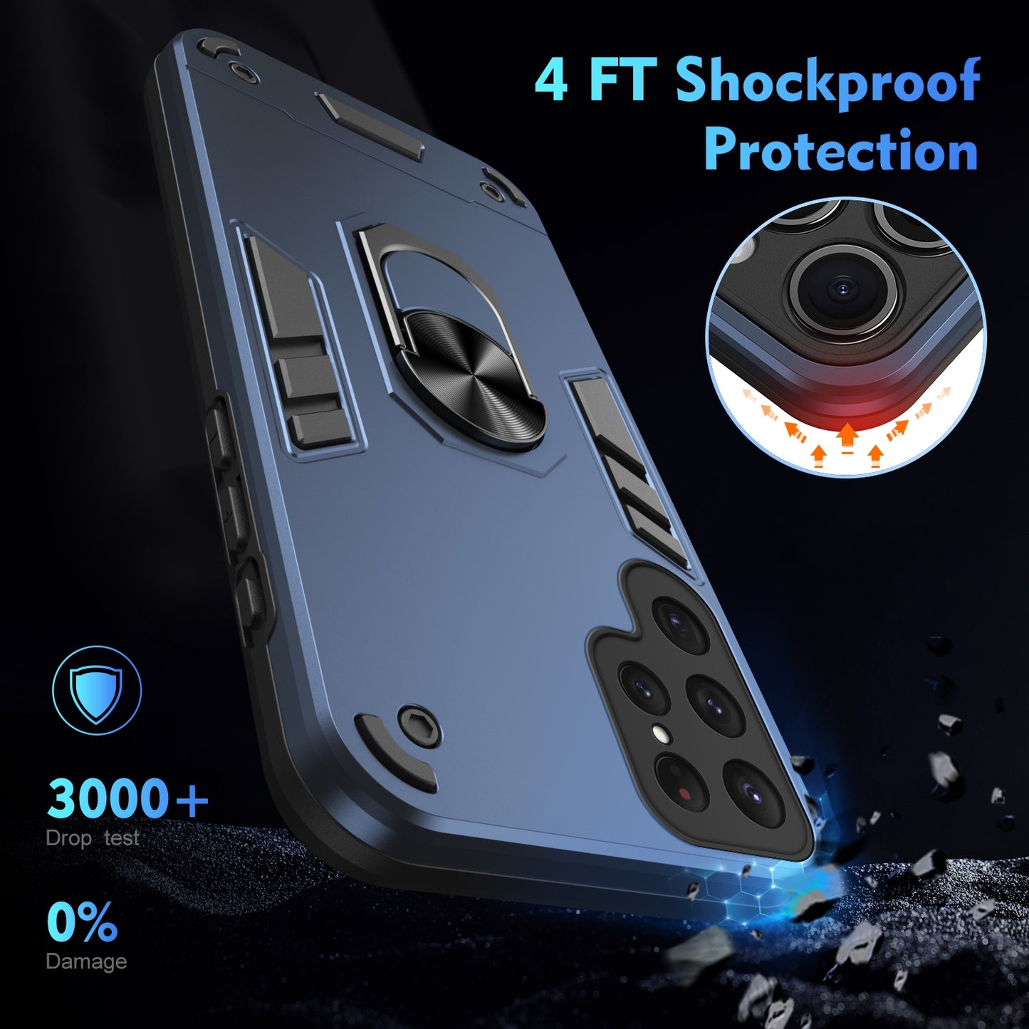 Samsung Galaxy S23 Ultra 5G Shockproof Metal Ring Holder Phone Case with 360 degrees Rotating Kickstand, Ultra Slim Protective Cover, Raised Camera Guard, PC Silicone Armour Shell, Anti-Scratch Back & Edge Protection