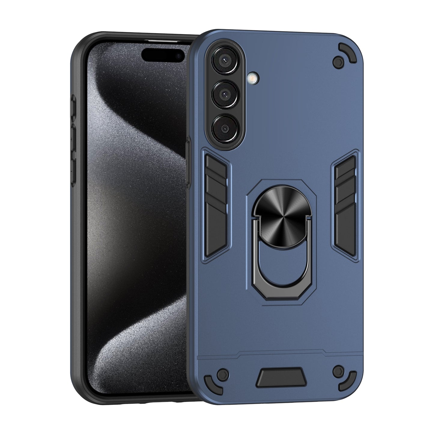 Samsung Galaxy M15 Shockproof Metal Ring Holder Phone Case with 360 degrees Rotating Kickstand, Ultra Slim Protective Cover, Raised Camera Guard, PC Silicone Armour Shell, Anti-Scratch Back & Edge Protection