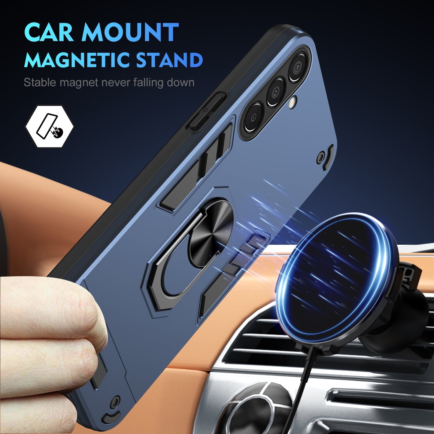 Samsung Galaxy M15 Shockproof Metal Ring Holder Phone Case with 360 degrees Rotating Kickstand, Ultra Slim Protective Cover, Raised Camera Guard, PC Silicone Armour Shell, Anti-Scratch Back & Edge Protection