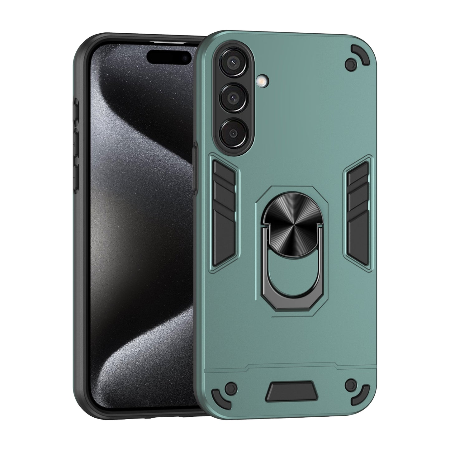 Samsung Galaxy M15 Shockproof Metal Ring Holder Phone Case with 360 degrees Rotating Kickstand, Ultra Slim Protective Cover, Raised Camera Guard, PC Silicone Armour Shell, Anti-Scratch Back & Edge Protection