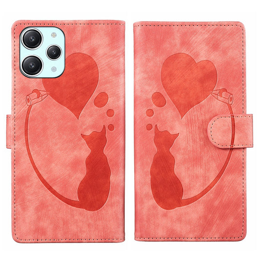 Xiaomi Redmi 12 Pen Heart Cat Embossed Leather Phone Case with Wear-Resistant TPU+PU, Lightweight Wallet Stand Function, and Precise Cutouts for Ultimate Protection