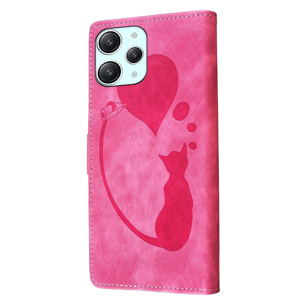 Xiaomi Redmi 12 Pen Heart Cat Embossed Leather Phone Case with Wear-Resistant TPU+PU, Lightweight Wallet Stand Function, and Precise Cutouts for Ultimate Protection