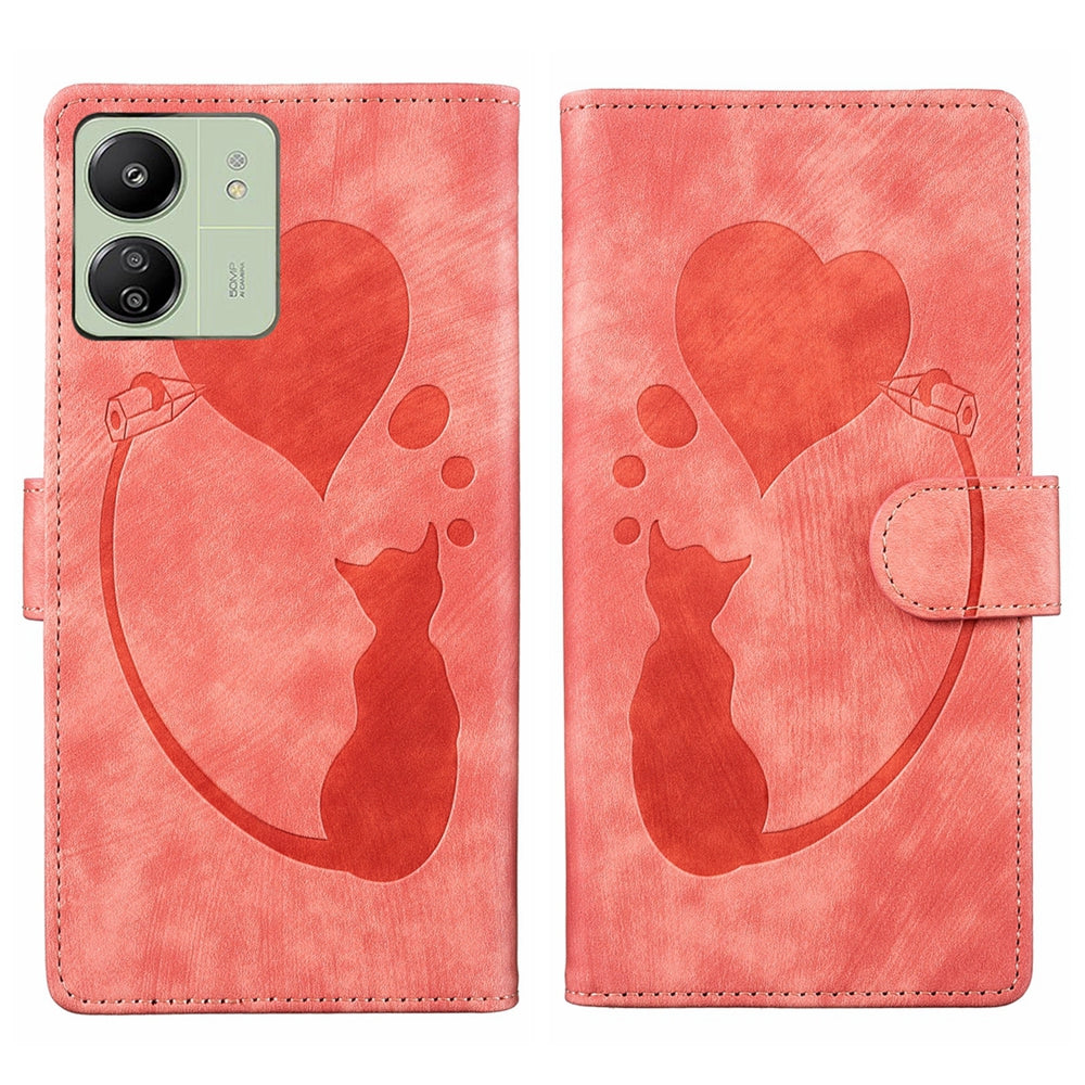 Xiaomi Redmi 13C 5G Pen Heart Cat Embossed Leather Phone Case with Wear-Resistant TPU+PU, Lightweight Wallet Stand Function, and Precise Cutouts for Ultimate Protection