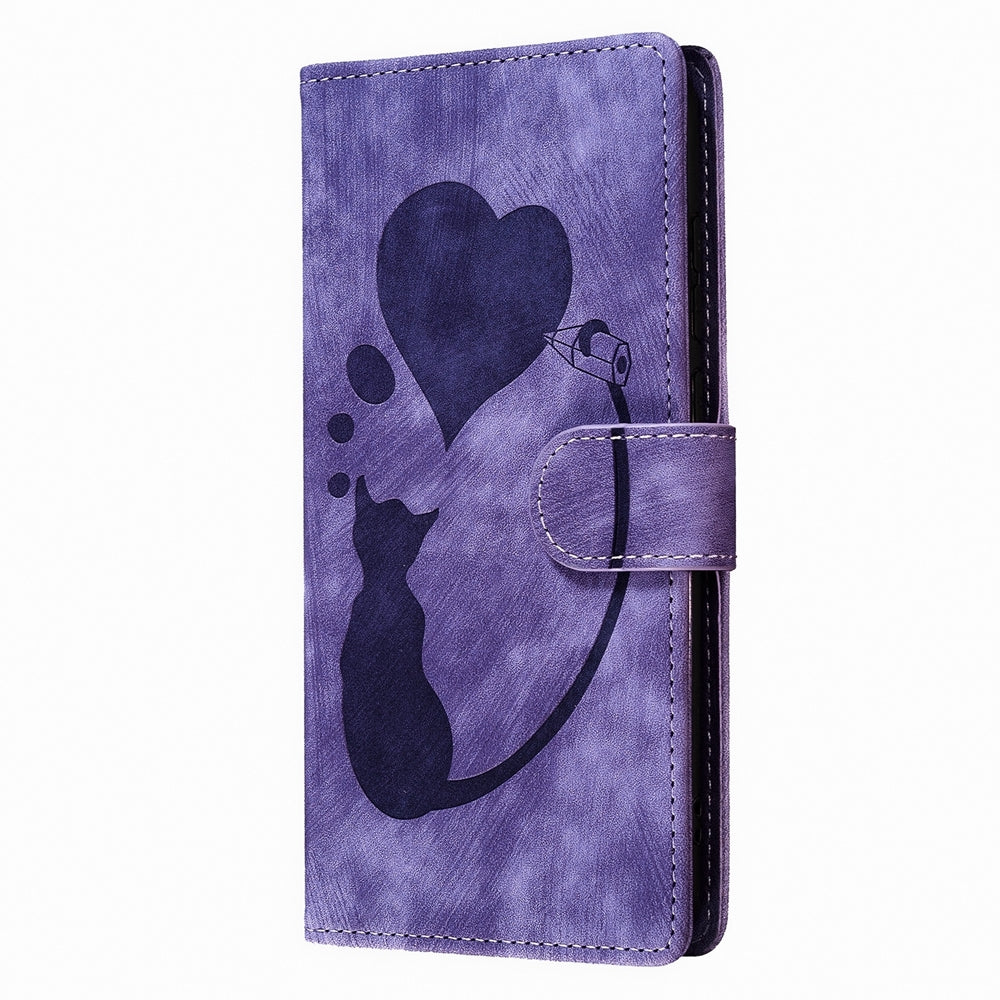 Xiaomi Poco C65 Pen Heart Cat Embossed Leather Phone Case with Wear-Resistant TPU+PU, Lightweight Wallet Stand Function, and Precise Cutouts for Ultimate Protection