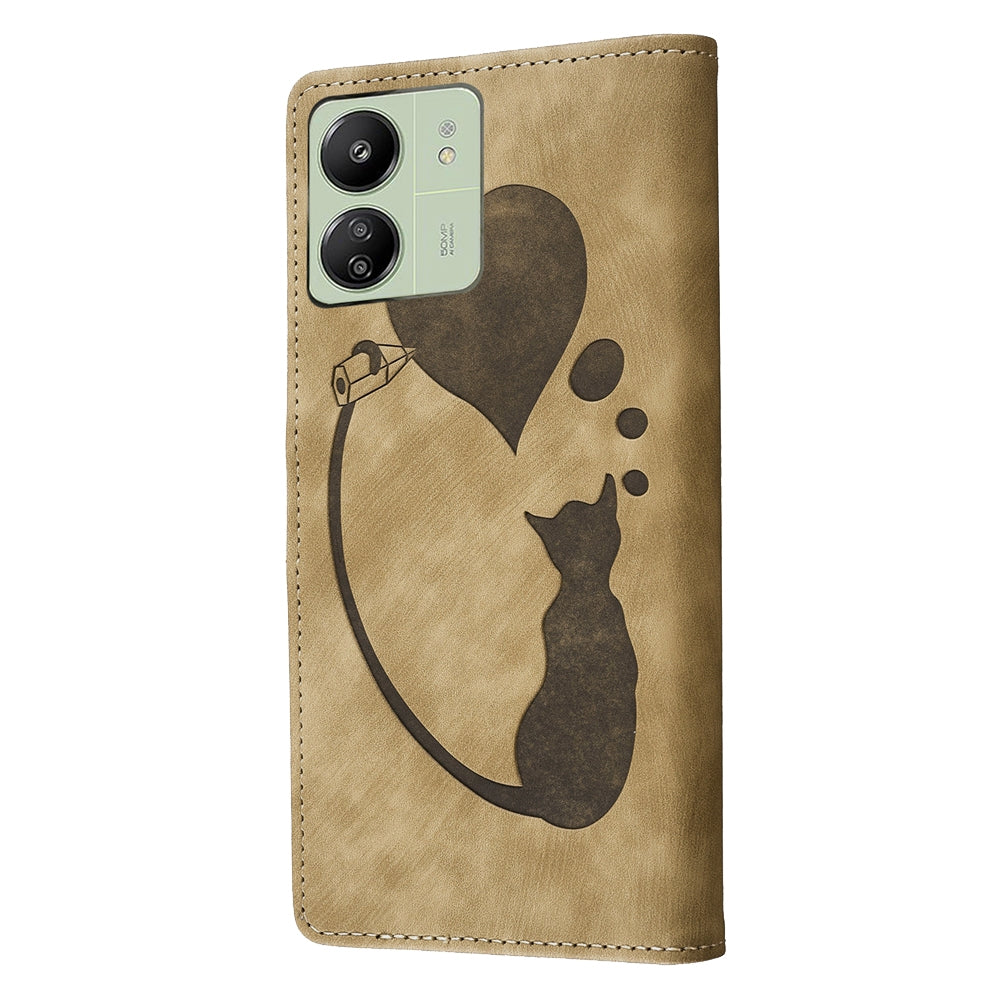 Xiaomi Redmi 13C 4G Pen Heart Cat Embossed Leather Phone Case with Wear-Resistant TPU+PU, Lightweight Wallet Stand Function, and Precise Cutouts for Ultimate Protection