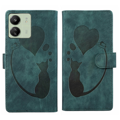 Xiaomi Redmi 13C 5G Pen Heart Cat Embossed Leather Phone Case with Wear-Resistant TPU+PU, Lightweight Wallet Stand Function, and Precise Cutouts for Ultimate Protection