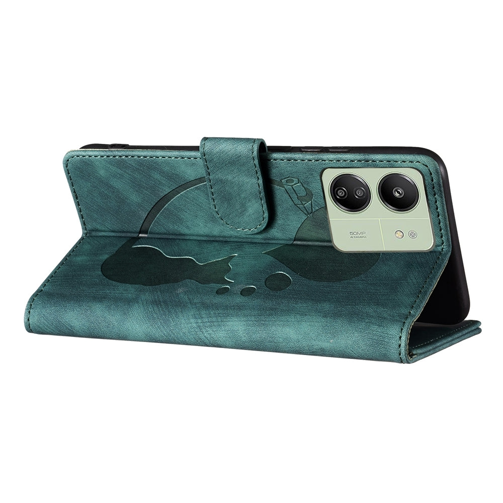 Xiaomi Redmi 13C 5G Pen Heart Cat Embossed Leather Phone Case with Wear-Resistant TPU+PU, Lightweight Wallet Stand Function, and Precise Cutouts for Ultimate Protection