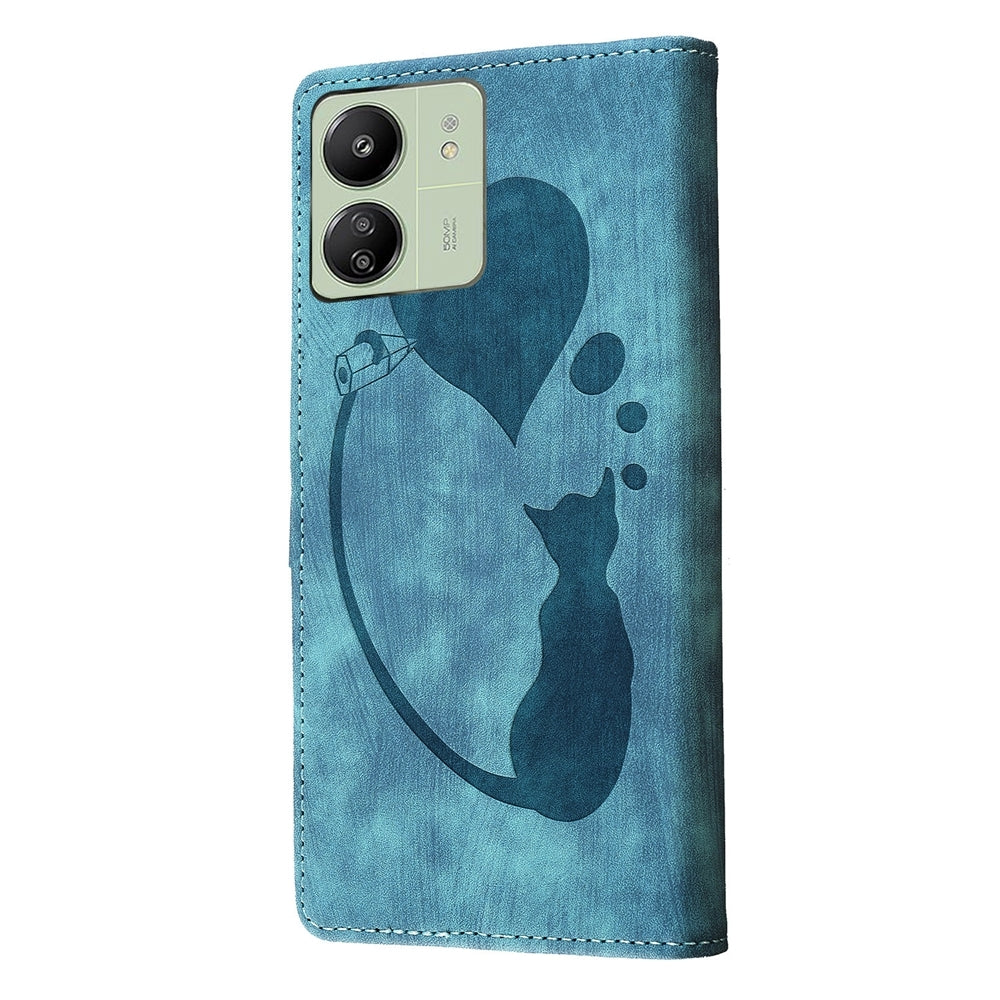Xiaomi Redmi 13C 4G Pen Heart Cat Embossed Leather Phone Case with Wear-Resistant TPU+PU, Lightweight Wallet Stand Function, and Precise Cutouts for Ultimate Protection