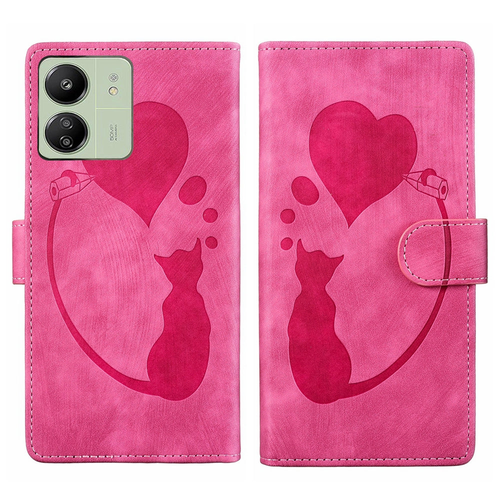Xiaomi Redmi 13C 4G Pen Heart Cat Embossed Leather Phone Case with Wear-Resistant TPU+PU, Lightweight Wallet Stand Function, and Precise Cutouts for Ultimate Protection