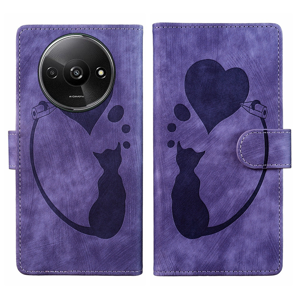 Xiaomi Redmi A3 Pen Heart Cat Embossed Leather Phone Case with Wear-Resistant TPU+PU, Lightweight Wallet Stand Function, and Precise Cutouts for Ultimate Protection