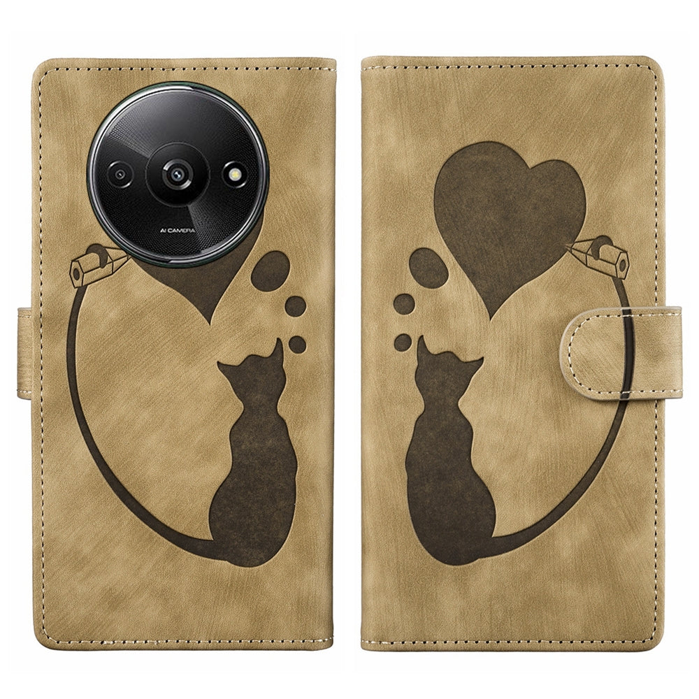 Xiaomi Redmi A3 Pen Heart Cat Embossed Leather Phone Case with Wear-Resistant TPU+PU, Lightweight Wallet Stand Function, and Precise Cutouts for Ultimate Protection