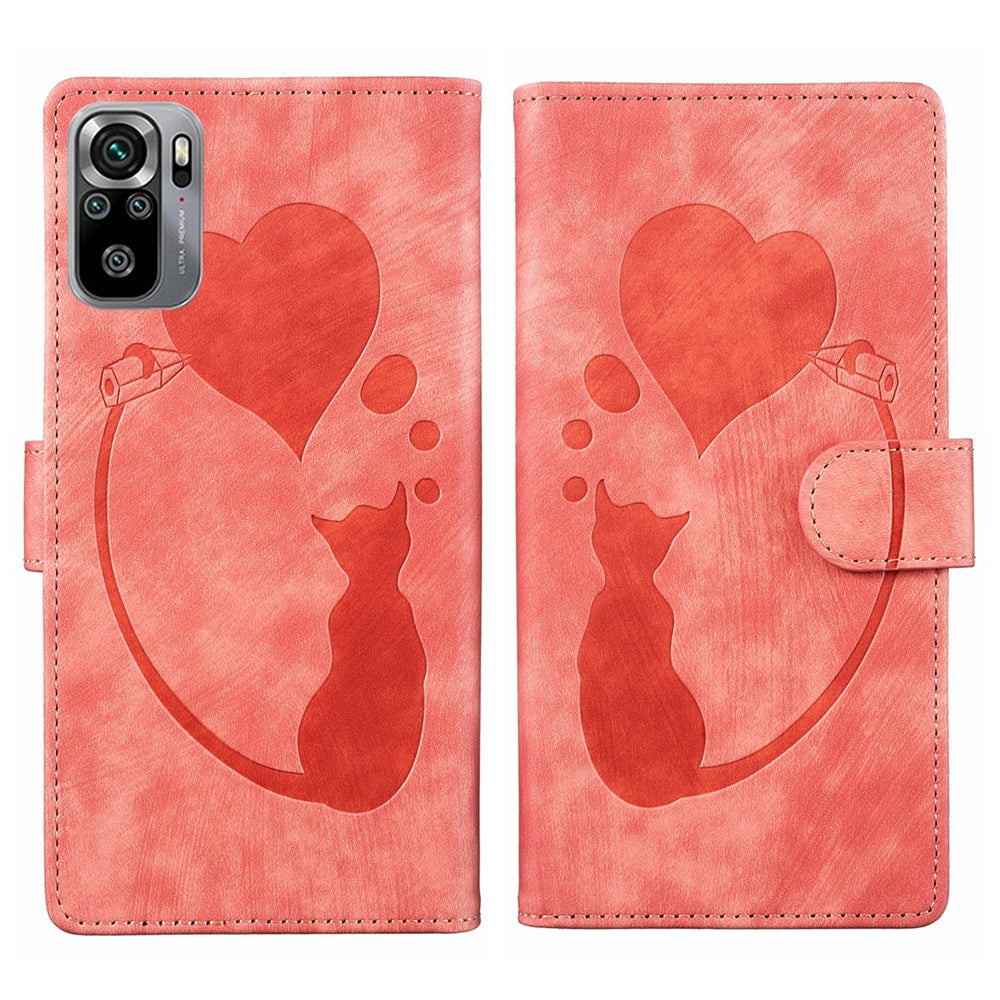 Xiaomi Redmi Note 10S Pen Heart Cat Embossed Leather Phone Case with Wear-Resistant TPU+PU, Lightweight Wallet Stand Function, and Precise Cutouts for Ultimate Protection