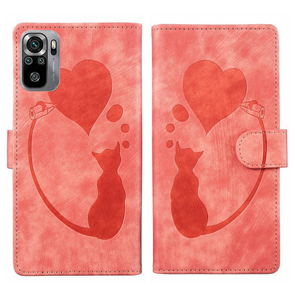 Xiaomi Redmi Note 10S Pen Heart Cat Embossed Leather Phone Case with Wear-Resistant TPU+PU, Lightweight Wallet Stand Function, and Precise Cutouts for Ultimate Protection