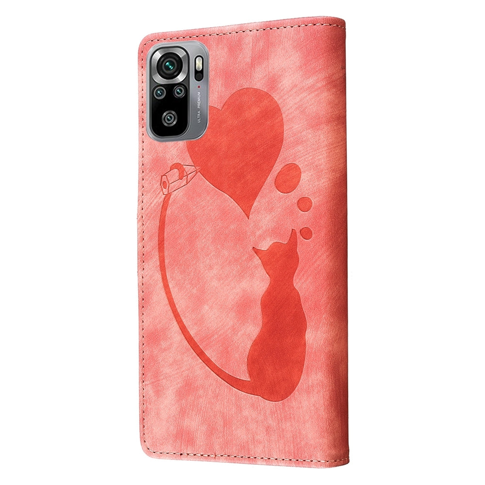 Xiaomi Redmi Note 10S Pen Heart Cat Embossed Leather Phone Case with Wear-Resistant TPU+PU, Lightweight Wallet Stand Function, and Precise Cutouts for Ultimate Protection