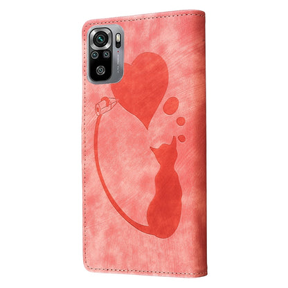 Xiaomi Redmi Note 10S Pen Heart Cat Embossed Leather Phone Case with Wear-Resistant TPU+PU, Lightweight Wallet Stand Function, and Precise Cutouts for Ultimate Protection