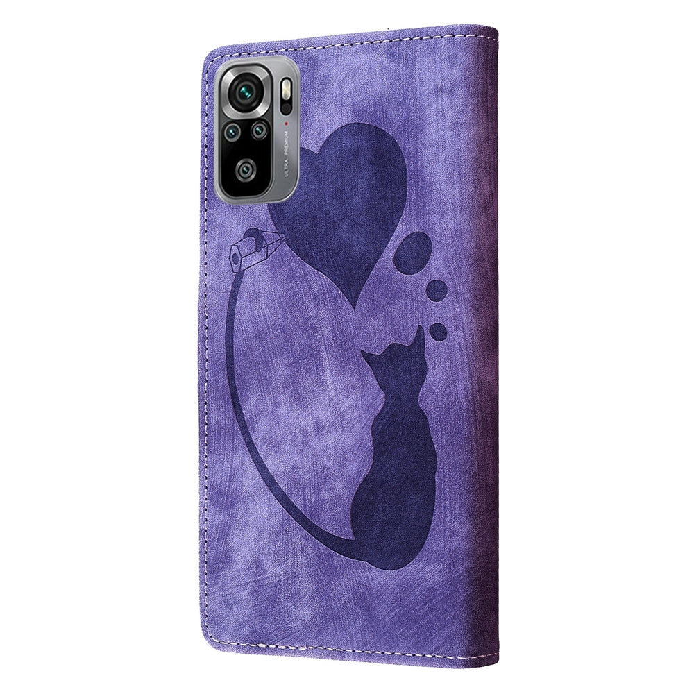Xiaomi Redmi Note 10S Pen Heart Cat Embossed Leather Phone Case with Wear-Resistant TPU+PU, Lightweight Wallet Stand Function, and Precise Cutouts for Ultimate Protection